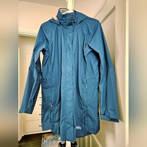 REI Co-op Teal Rainier Long-Line Rain Jacket, Large (like new!)